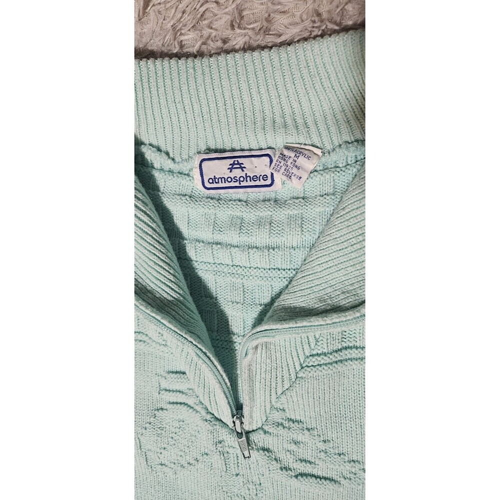 VTG Womens Medium Teal Aqua Cable Knit Sweater 1/4 Zip Cottage Grandmacore - Picture 4 of 6